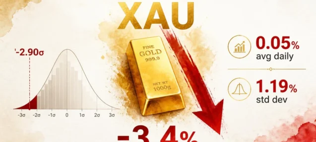 Gold Posts -3.4% Single-Day Drop — A -2.90σ Event Seen 0.2% of Trading Days