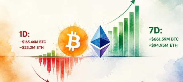 Bitcoin ETFs Bleed $165.46M in One Day — 7-Day Net Still +$661.59M as ETH Funds Shed $23.2M