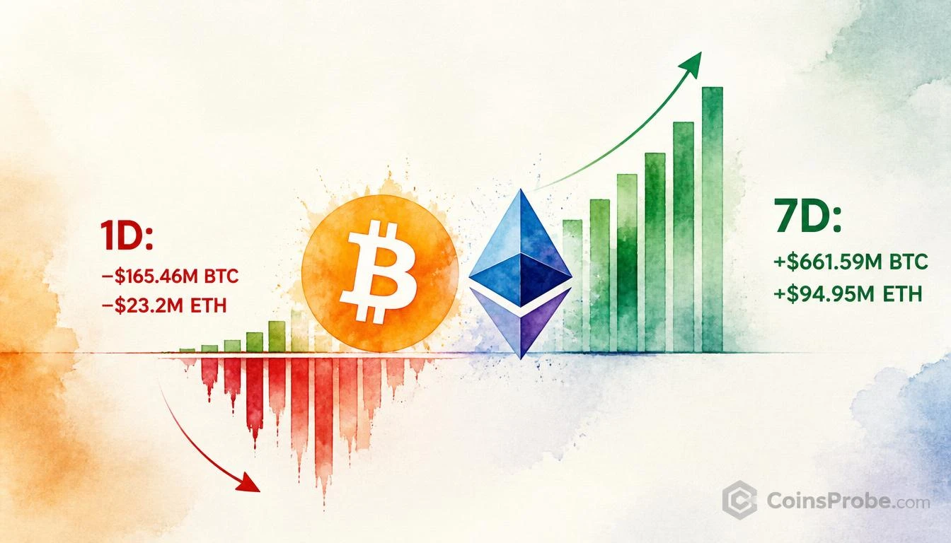 Bitcoin ETFs Bleed $165.46M in One Day — 7-Day Net Still +$661.59M as ETH Funds Shed $23.2M