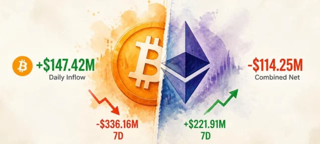 Bitcoin ETFs Pull $147.42M in One Day — But 7-Day Hole Deepens to -$336.16M as ETH Funds Post $95.44M