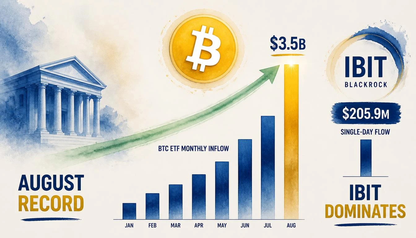 BTC Spot ETFs Pull in ~$3.5B in August — Strongest Monthly Inflow Since July 2025