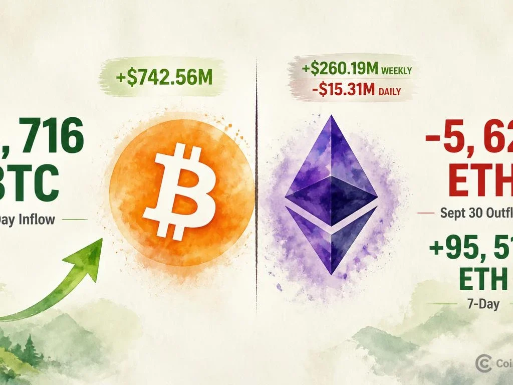 Bitcoin ETFs Pull $742.56M in 7 Days While Ethereum Sees $15M Single-Day Exit