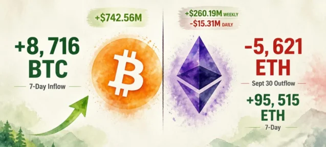 Bitcoin ETFs Pull $742.56M in 7 Days While Ethereum Sees $15M Single-Day Exit