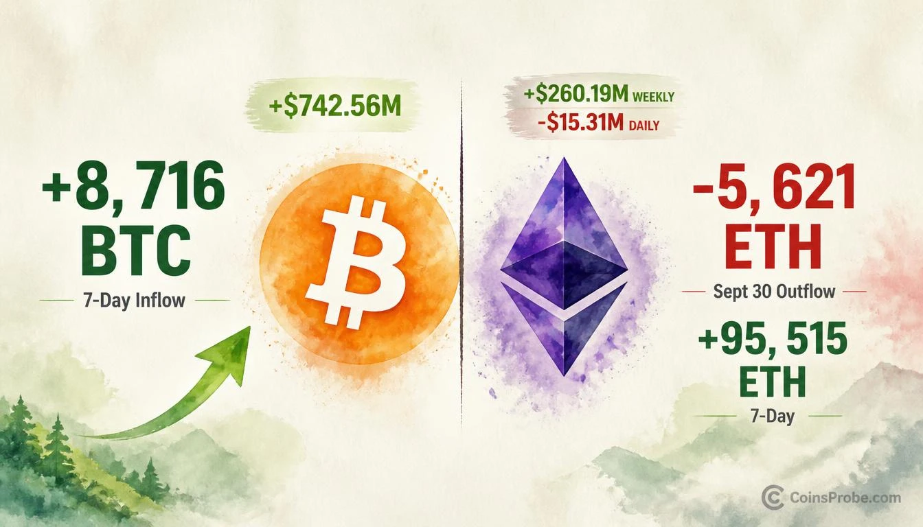 Bitcoin ETFs Pull $742.56M in 7 Days While Ethereum Sees $15M Single-Day Exit