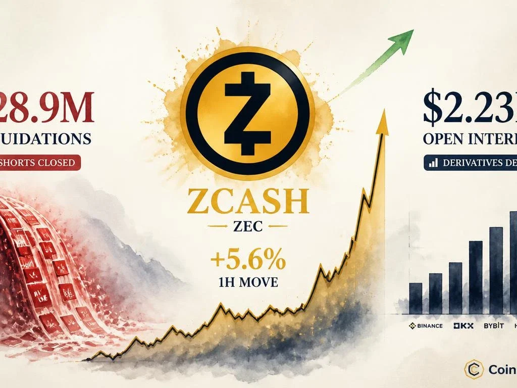 Zcash (ZEC) Spikes 5.6% in One Hour — $2.23B Open Interest and $28.9M in Liquidations Tell the Real Story
