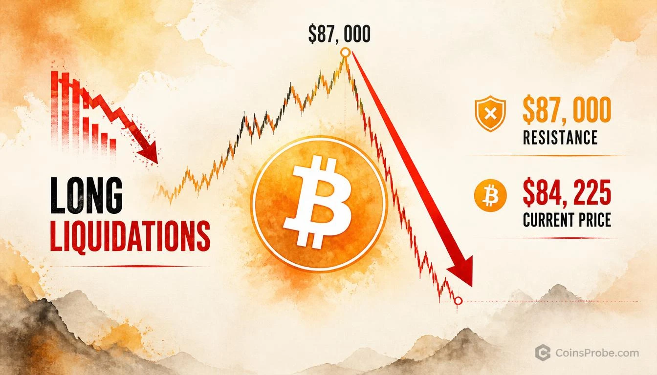 Bitcoin Drops Below $84K After Topping $87K — Long Liquidations Follow