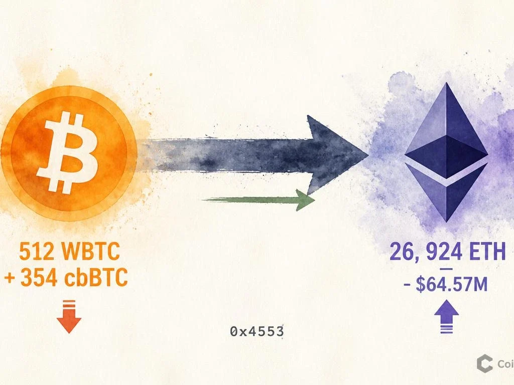 Whale 0x4553 Dumps $65.37M in BTC for 26,924 ETH in Single Rotation