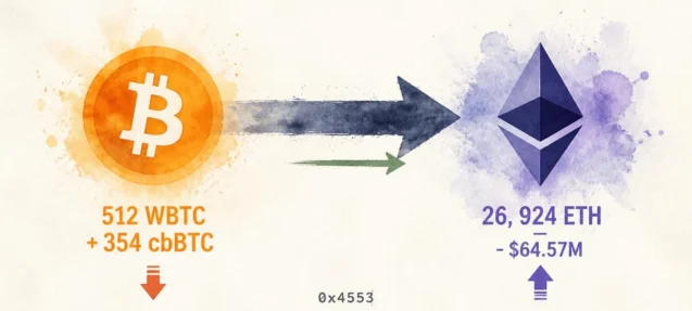 Whale 0x4553 Dumps $65.37M in BTC for 26,924 ETH in Single Rotation