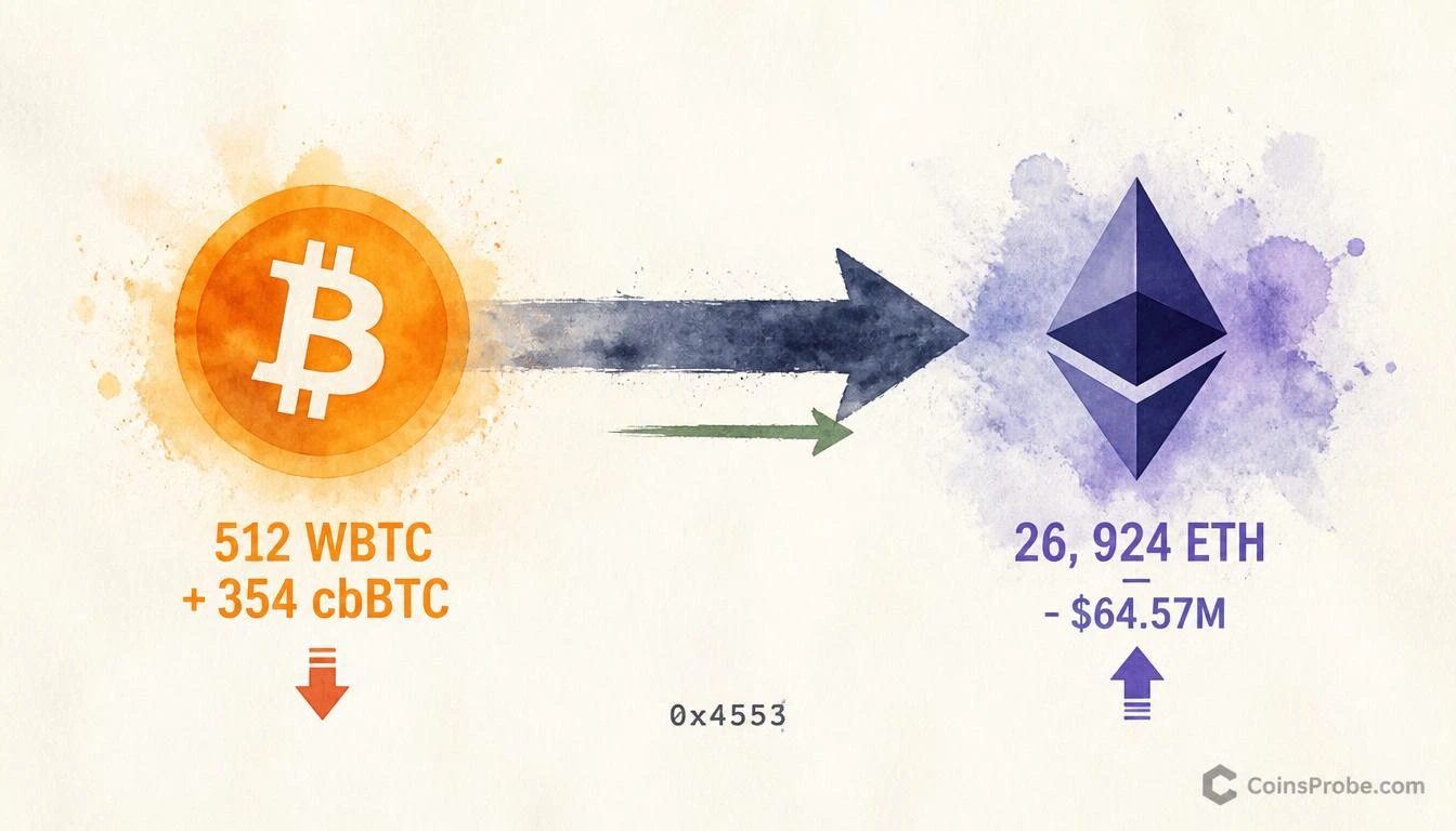 Whale 0x4553 Dumps $65.37M in BTC for 26,924 ETH in Single Rotation