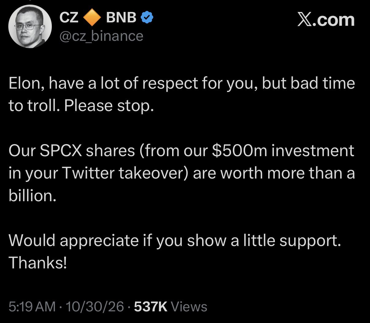 This image is not a crypto chart. It is a screenshot of a tweet from @cz_binance
