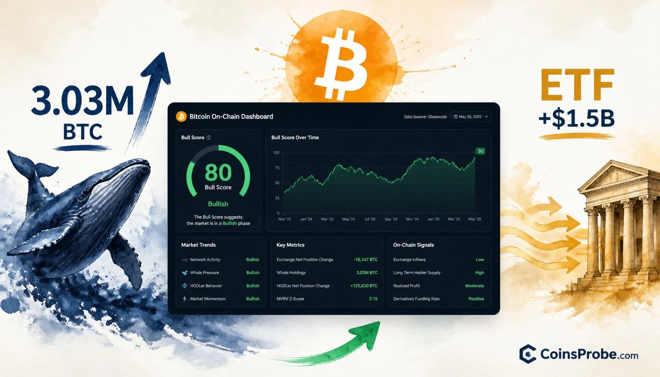 Bitcoin Whale Accumulation Signal Returns — Bull Score Hits 80 as 3.03M BTC Held