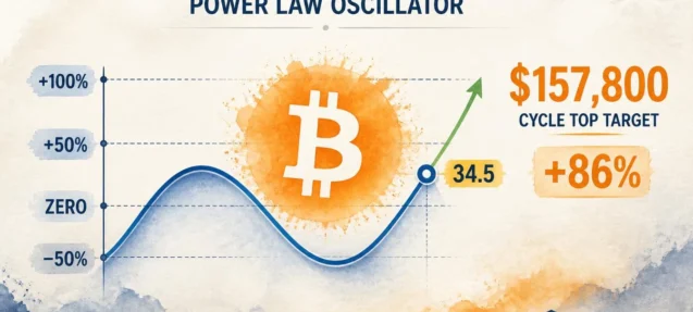 Bitcoin Power Law Oscillator at 34.5 — The +100 Threshold Maps to $157,800