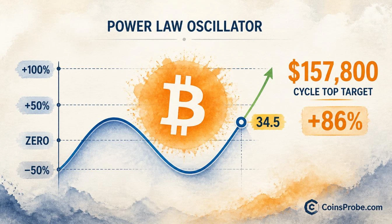 Bitcoin Power Law Oscillator at 34.5 — The +100 Threshold Maps to $157,800