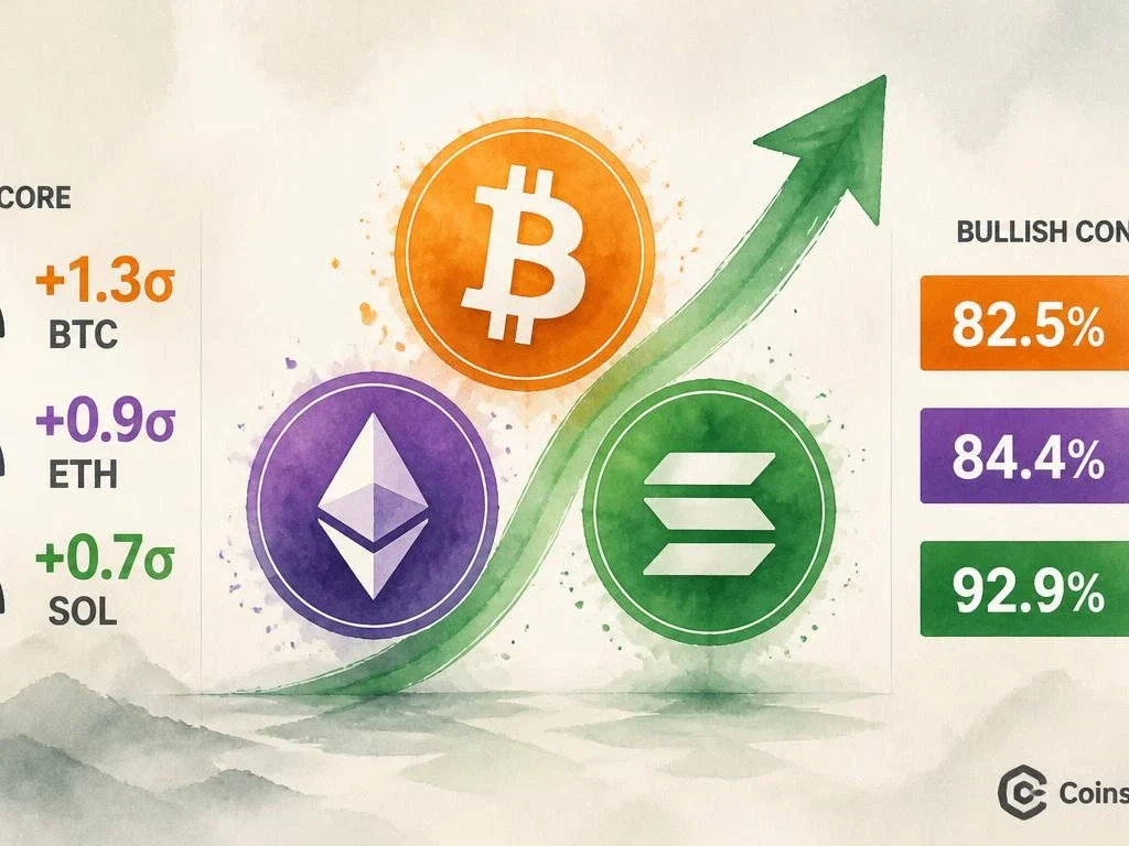 CryptoQuant Analyst Consensus: BTC 82.5%, ETH 84.4%, SOL 92.9% Bullish
