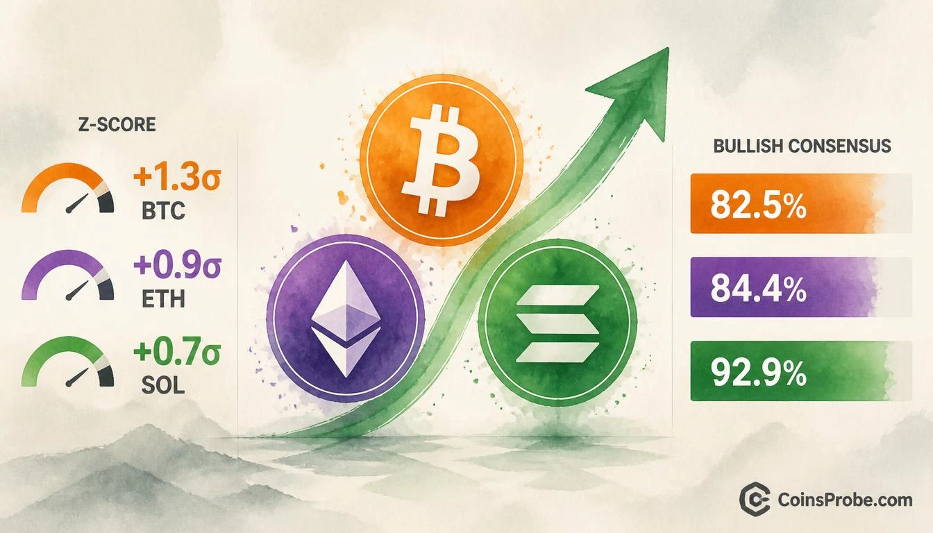 CryptoQuant Analyst Consensus: BTC 82.5%, ETH 84.4%, SOL 92.9% Bullish