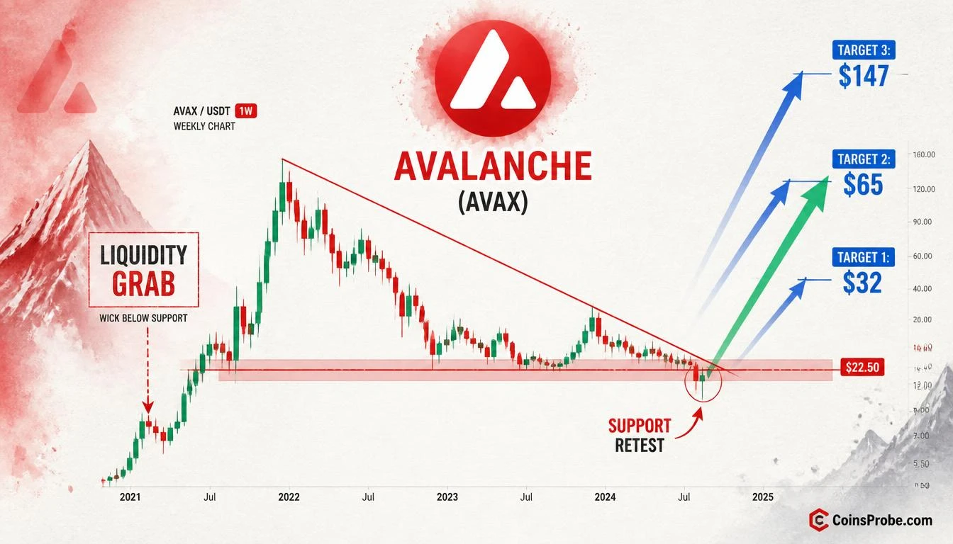 AVAX Retests Long-Term Support — Liquidity Grab Precedes Targets at $65 and $147