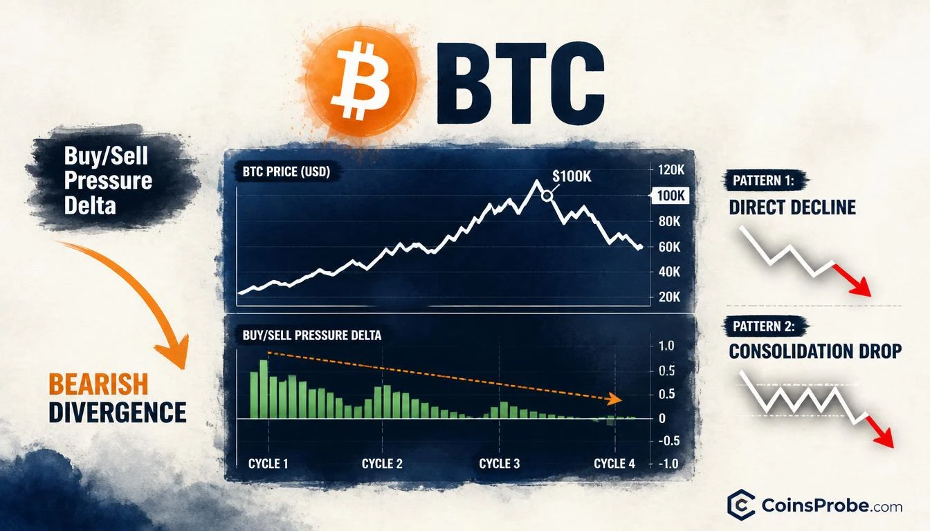 Bitcoin Buy/Sell Pressure Delta Rolls Over — Two Patterns That Follow