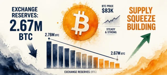 Bitcoin Exchange Reserves Fall to 2.67M BTC — A Supply Squeeze Building at $83K