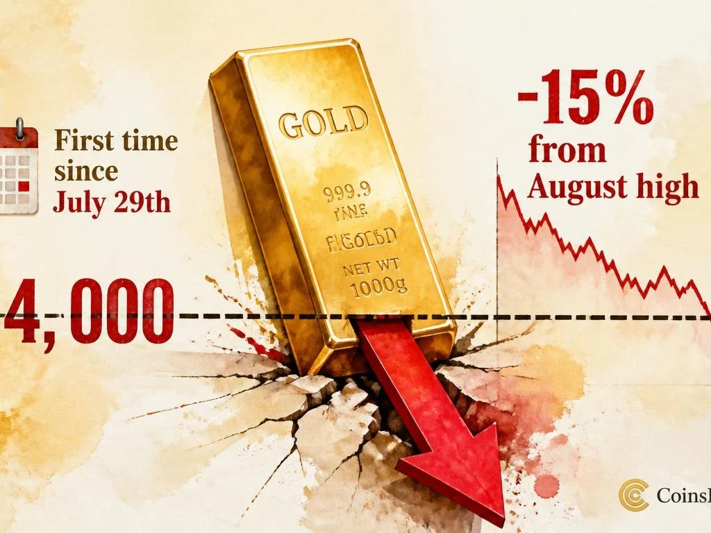 Gold Breaks Below $4,000 for First Time Since July — Down 15% From August High