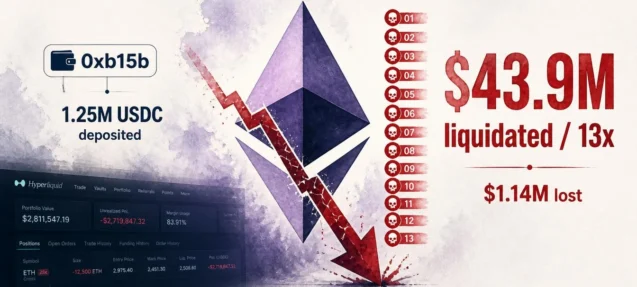 ETH Short Wallet 0xb15b Liquidated 13 Times — $43.9M Gone in 9 Days
