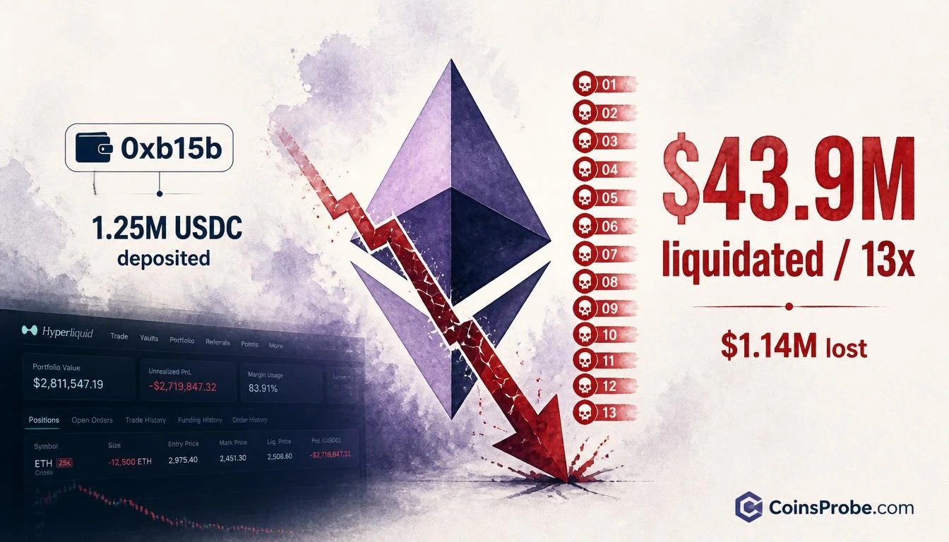 ETH Short Wallet 0xb15b Liquidated 13 Times — $43.9M Gone in 9 Days