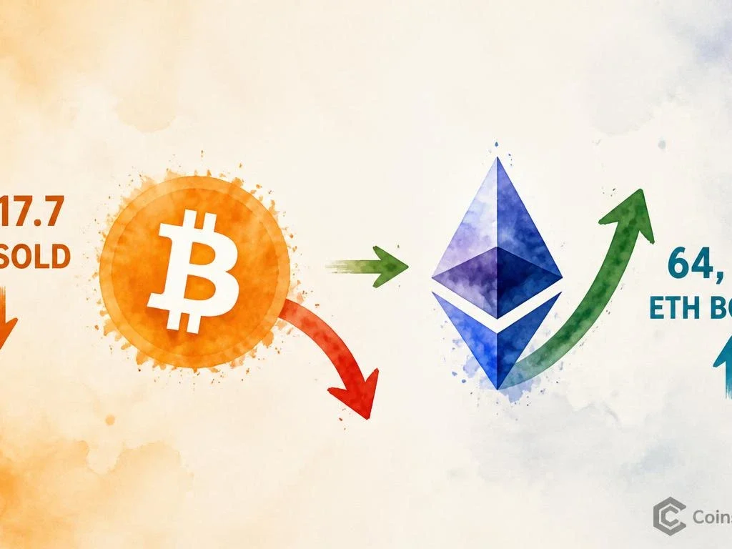 Whale Dumps 1,917 BTC for $159M to Buy 64,545 ETH in 11-Day Rotation