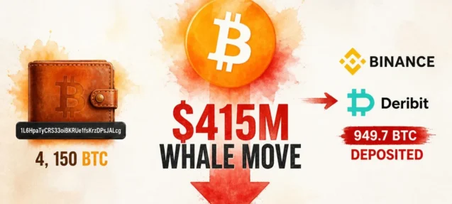 Bitcoin Whale Moves $415M+ BTC — 949.7 BTC Deposited to Binance and Deribit