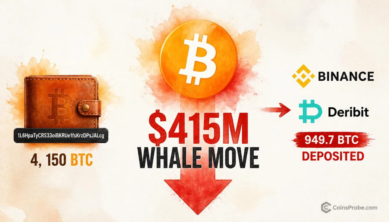 Bitcoin Whale Moves $415M+ BTC — 949.7 BTC Deposited to Binance and Deribit
